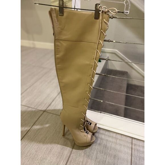 Lace up Thigh High nude zip entry heel boots - Picture 2 of 3